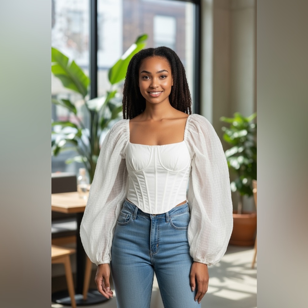 Urban Outfitters - Medium- Cream Puff Sleeve Blouse Cropped Viscose Poly Blend